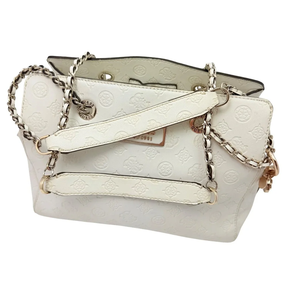 GUESS Logo Love Satchel White Faux Leather Y2K Style Girlfriend Shoulder‎ Bag